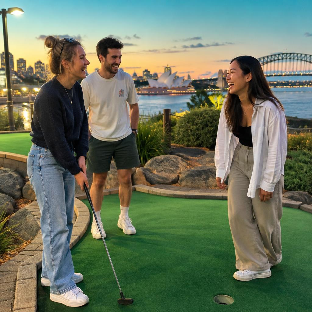 Friends playing mini golf
